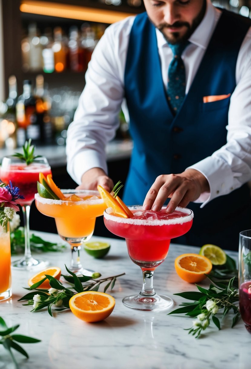 Bartender preparing colorful cocktails with fresh seasonal fruits for a spring wedding celebration