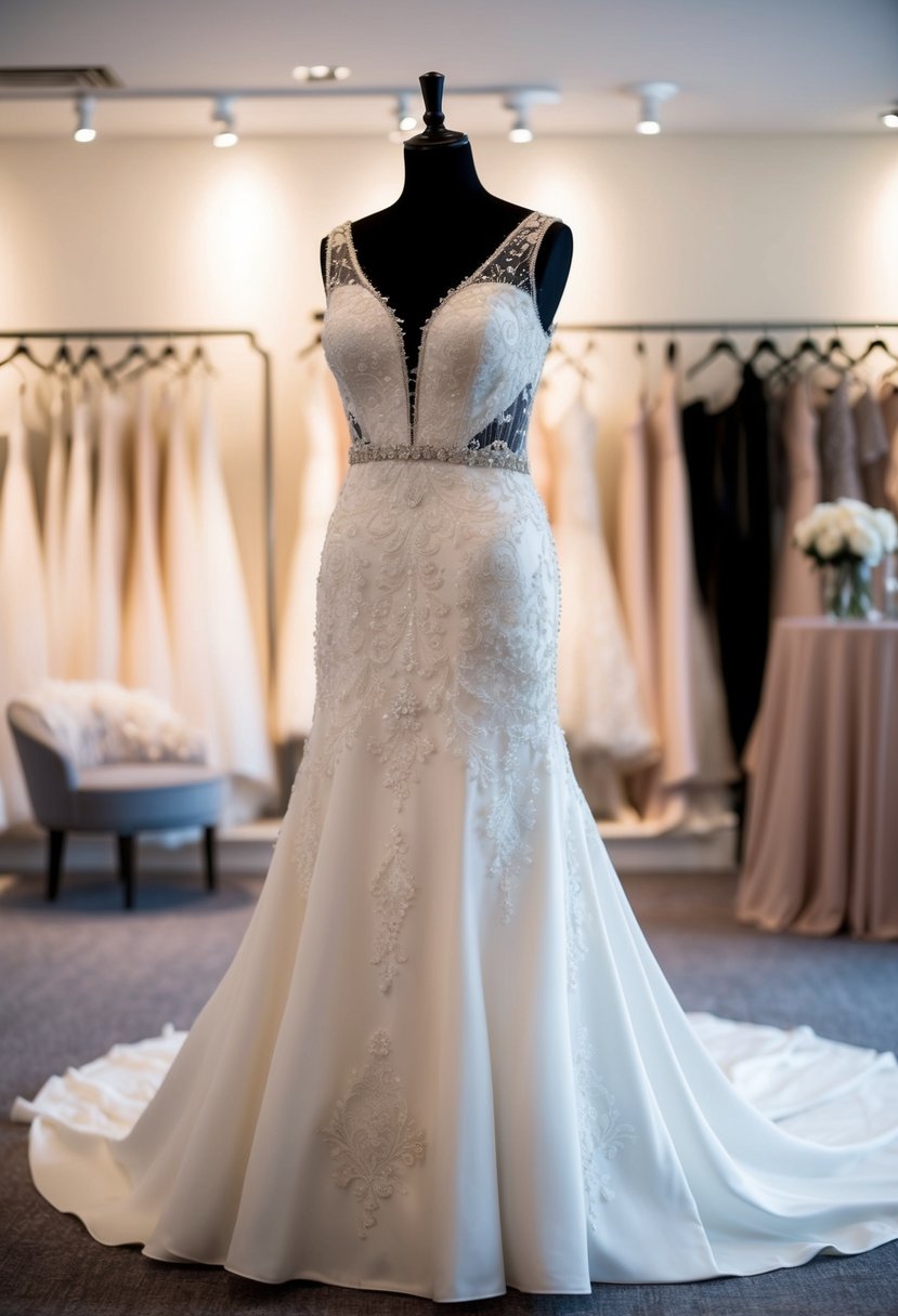 A wedding gown displayed on a mannequin in a softly lit boutique with delicate lace, intricate beading, and flowing fabric