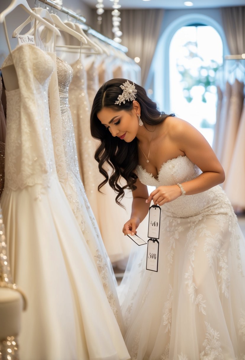 A bride-to-be carefully examines wedding gown price tags in a luxurious bridal boutique, surrounded by elegant dresses and sparkling accessories