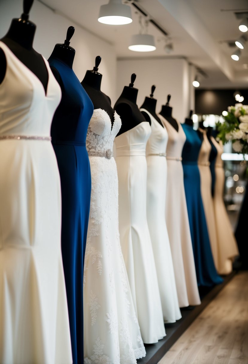 A row of wedding dress silhouettes displayed on mannequins in a boutique showroom