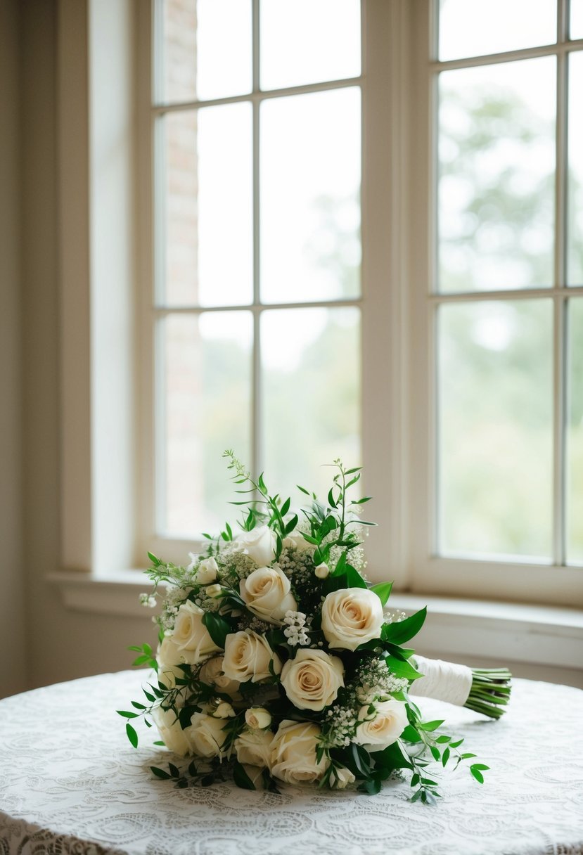 A bride's bouquet resting on a lace-covered table, with soft window light streaming in and casting delicate shadows