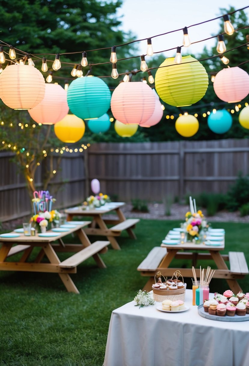 A backyard adorned with string lights, colorful paper lanterns, and simple floral centerpieces on picnic tables. A DIY photo booth with handmade props and a dessert table with homemade treats