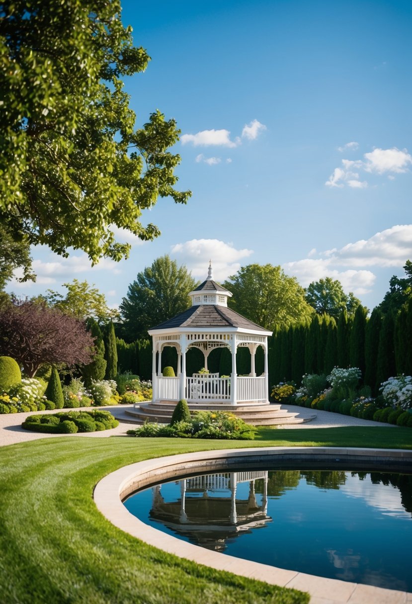 A picturesque outdoor wedding venue with manicured gardens, a charming gazebo, and a serene pond