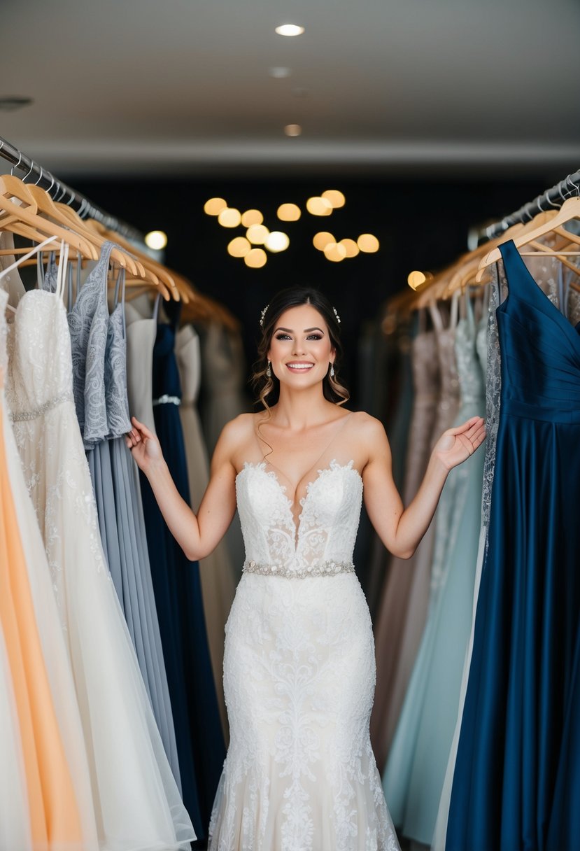 A bride surrounded by racks of wedding gowns, trying on different styles with an open-minded expression