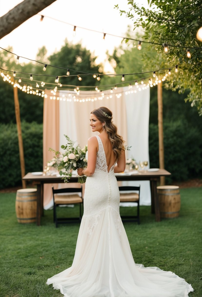 A cozy backyard wedding with DIY fabric backdrops, twinkling lights, and rustic decor