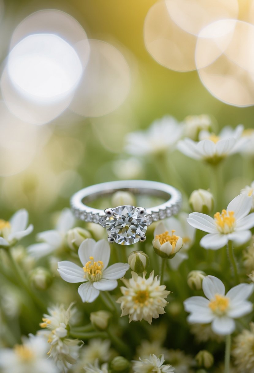 A close-up shot of a wedding ring resting on a bed of delicate white flowers, with soft natural light illuminating the scene