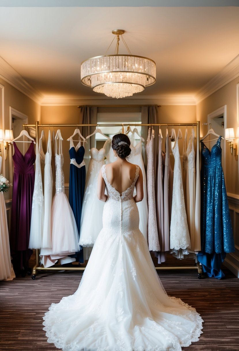 A bride-to-be stands in front of a rack of wedding gowns, surrounded by elegant decor and soft lighting. The theme of the venue is reflected in the various styles and designs of the dresses