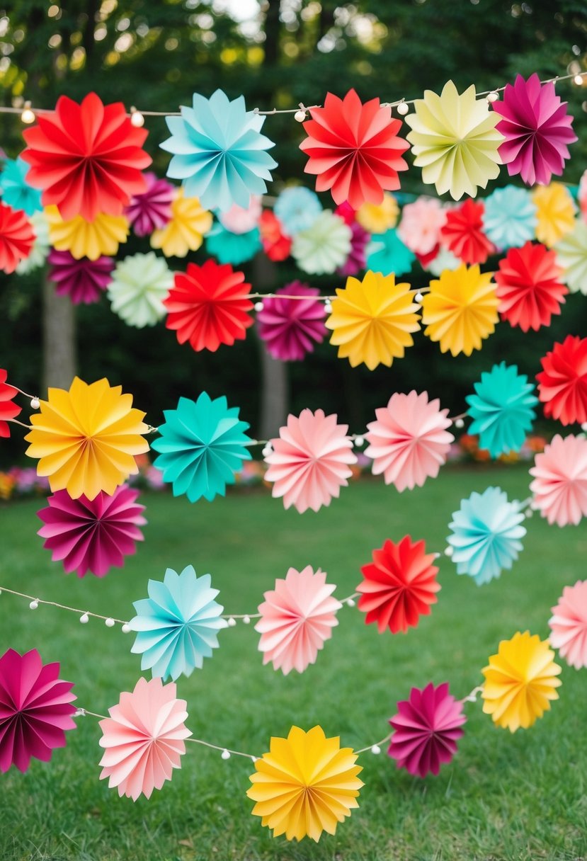 A backyard filled with colorful paper flower decorations for a budget-friendly wedding