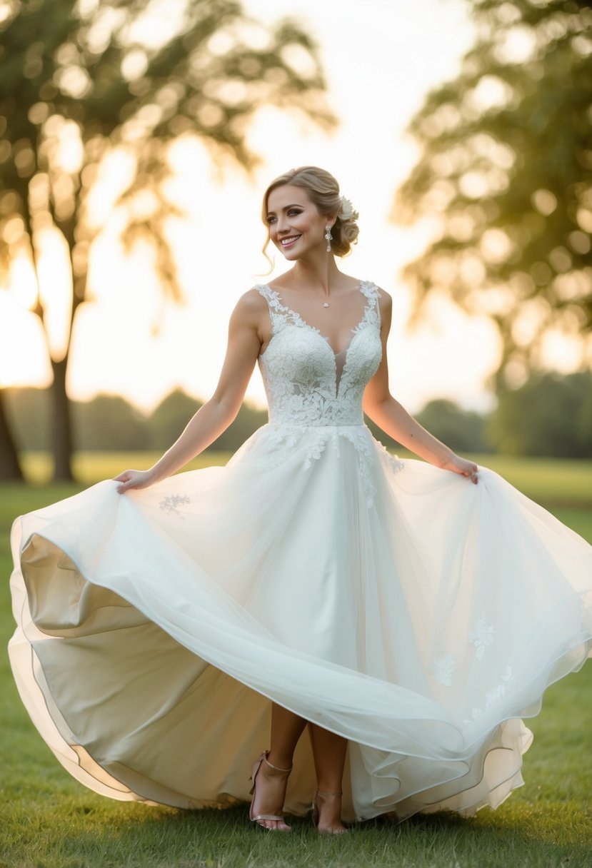 A bride twirls in a flowing gown, smiling as she moves with ease