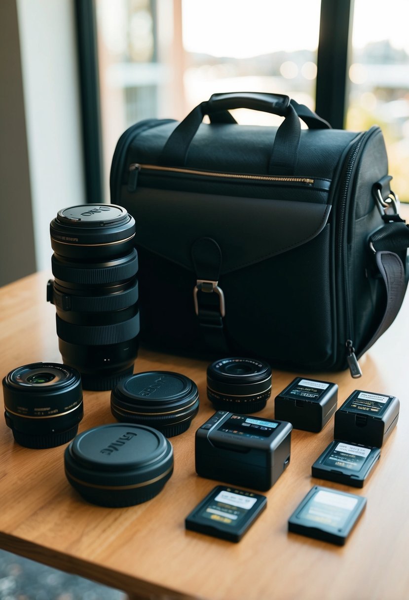 A photographer's bag with extra lenses, batteries, and memory cards laid out on a table, ready for a wedding shoot