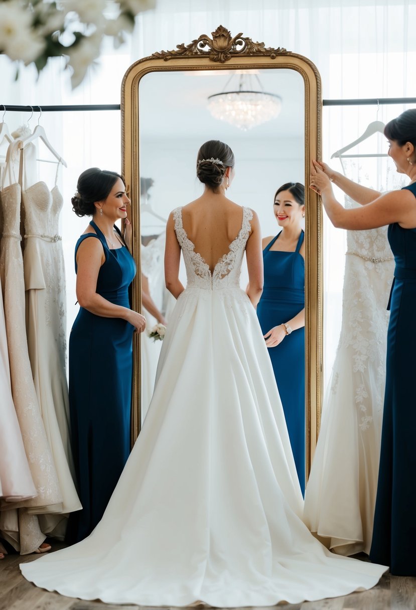 A bride standing in front of a full-length mirror, surrounded by a seamstress and various wedding gown options