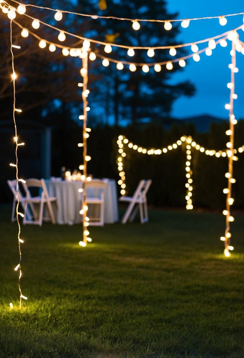 A backyard adorned with fairy light garlands, creating a magical and budget-friendly ambiance for a wedding celebration