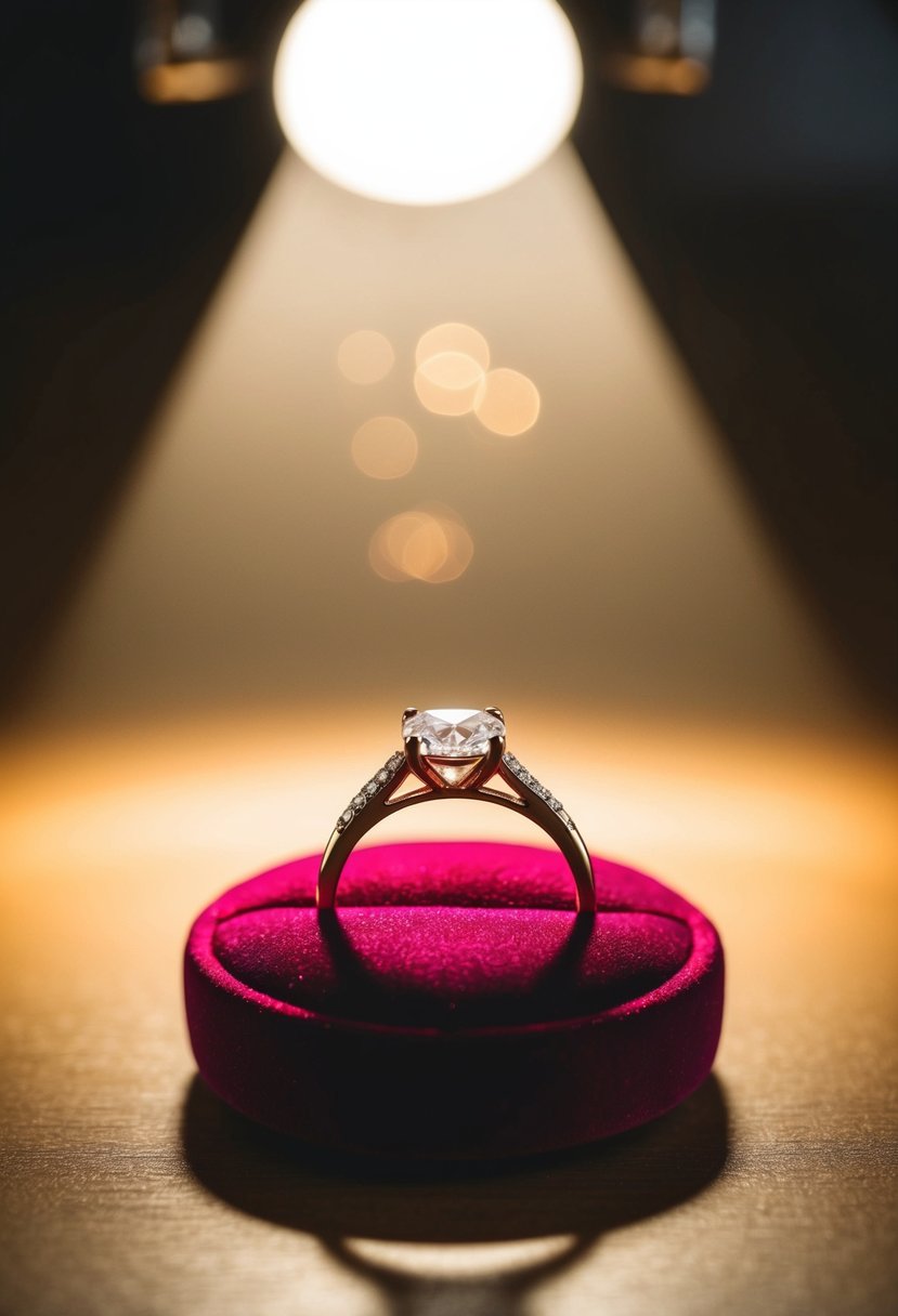 A wedding ring placed on a velvet cushion, illuminated by a soft spotlight, casting a warm glow on the intricate details