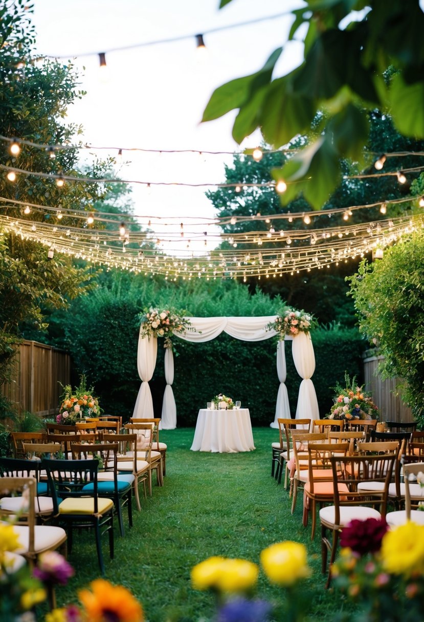 A backyard wedding with mix and match seating arrangements under a canopy of twinkling lights, surrounded by lush greenery and colorful flowers