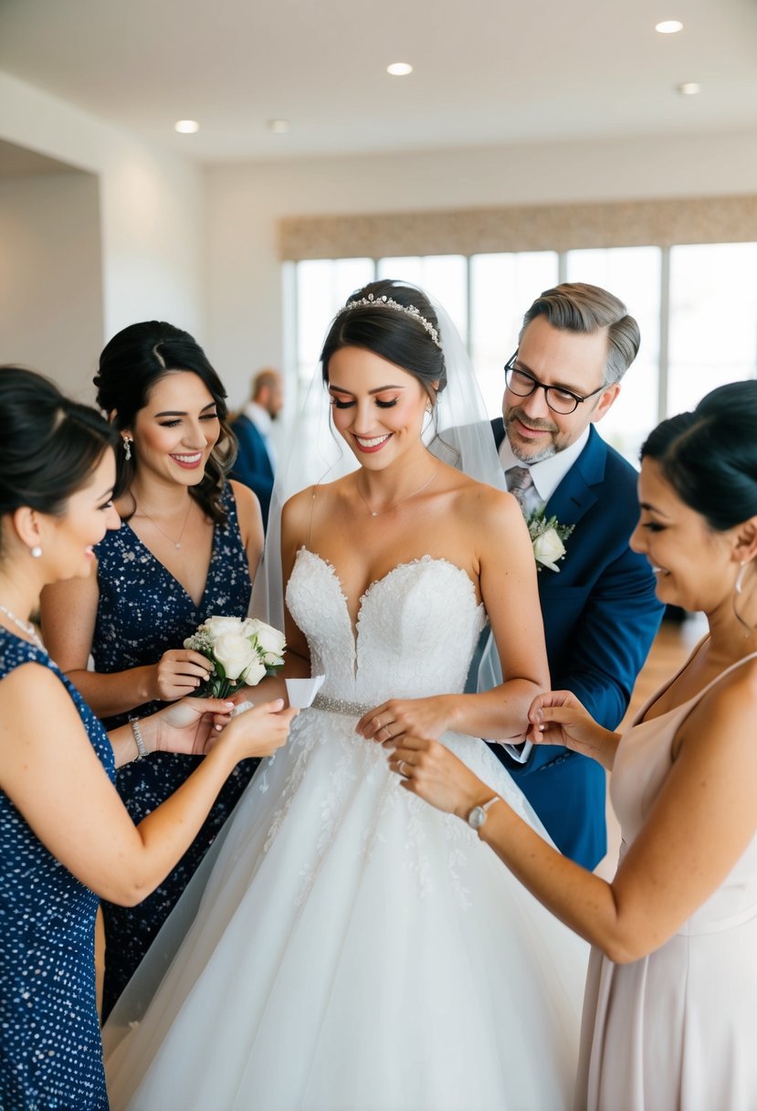 A bride surrounded by friends and family, receiving advice and support while trying on wedding gowns