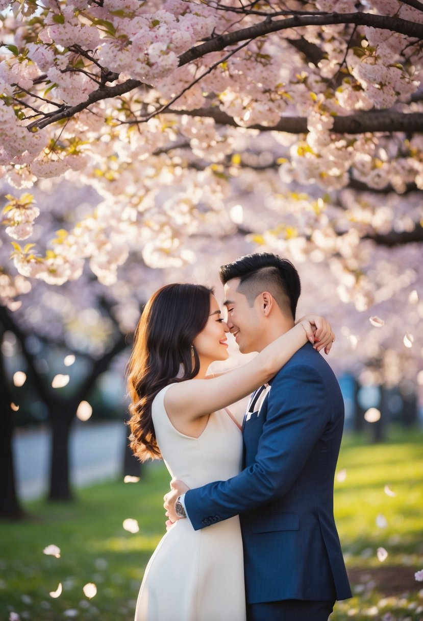 A couple embraces under a blooming cherry blossom tree, surrounded by soft sunlight and falling petals