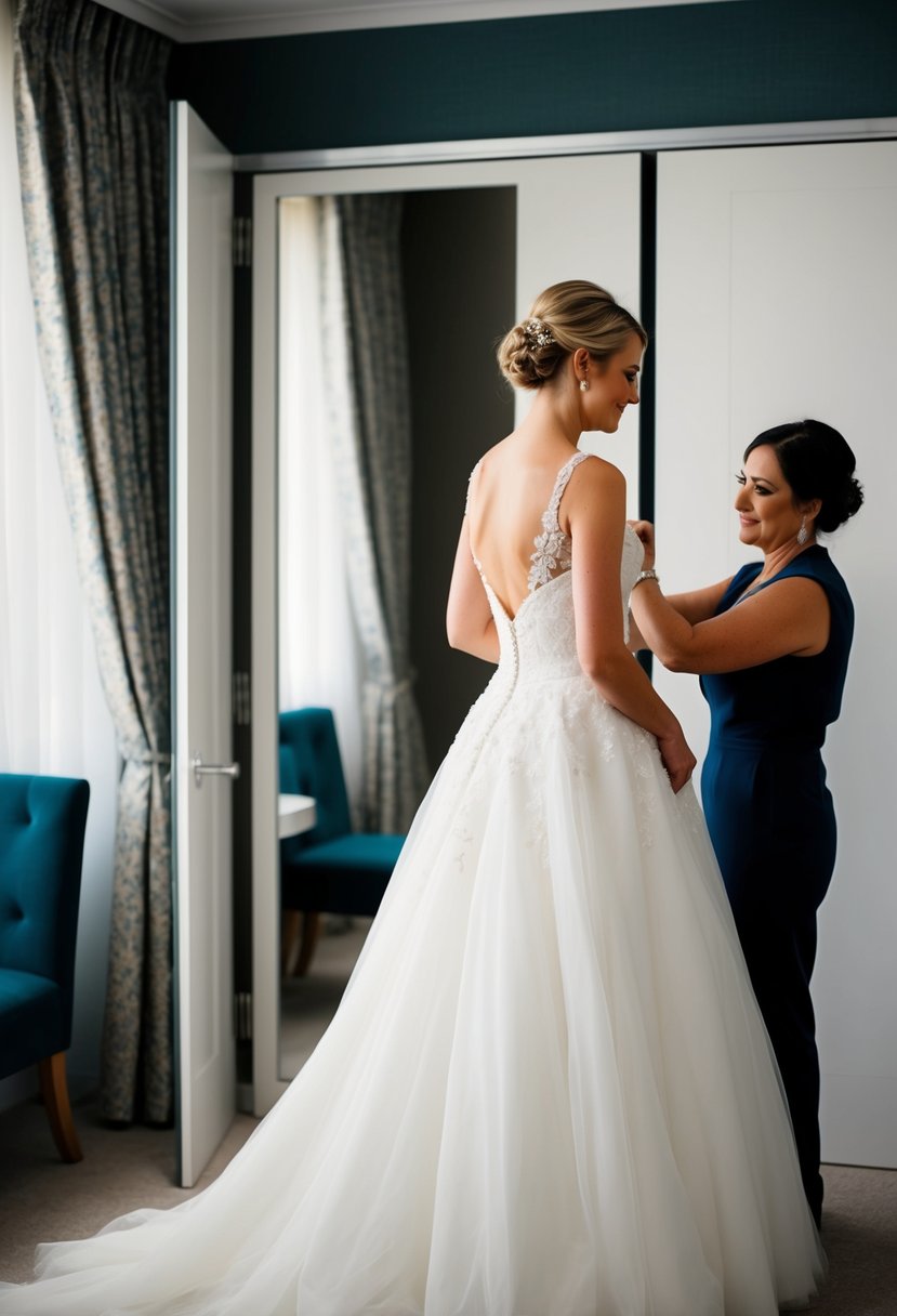 A bride standing in a fitting room, trying on a wedding gown while a tailor adjusts the fit