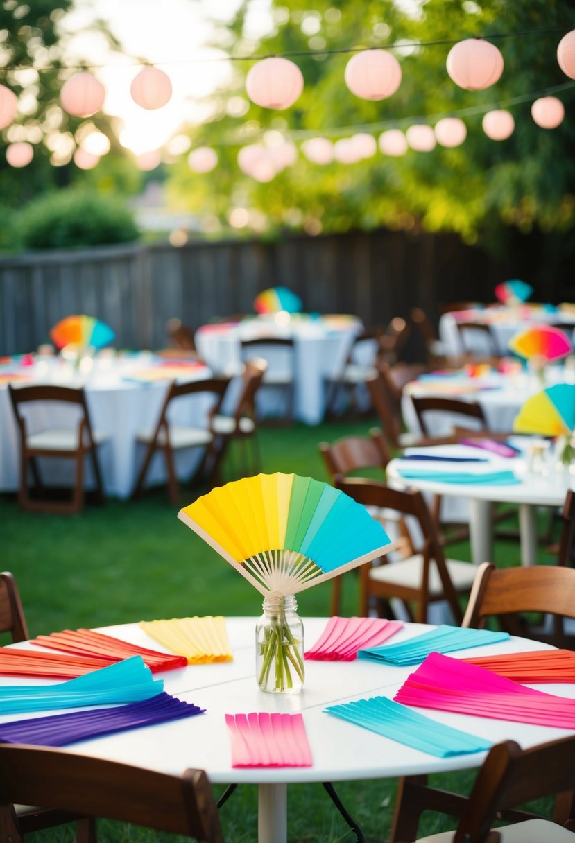 A backyard wedding with colorful hand fans scattered on tables