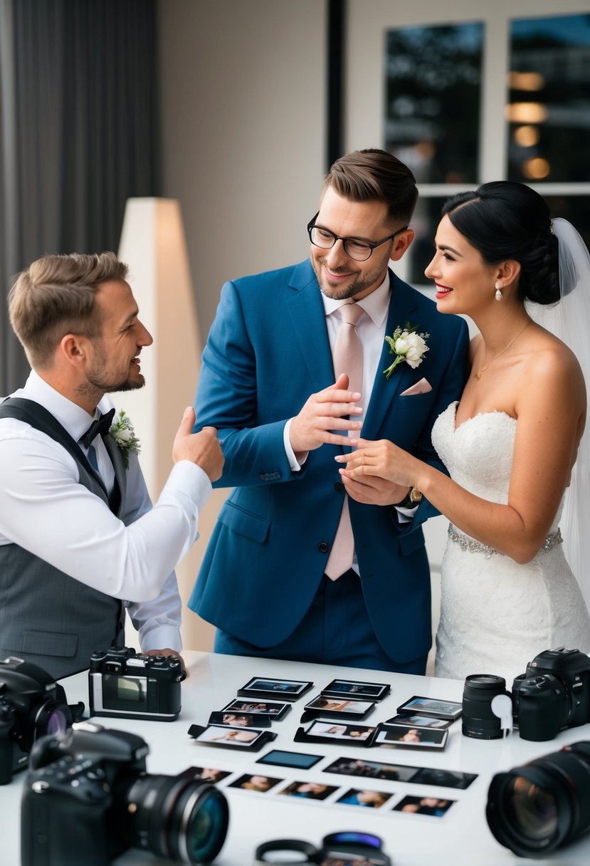 A photographer discussing wedding tips with a couple, surrounded by camera equipment and sample photos