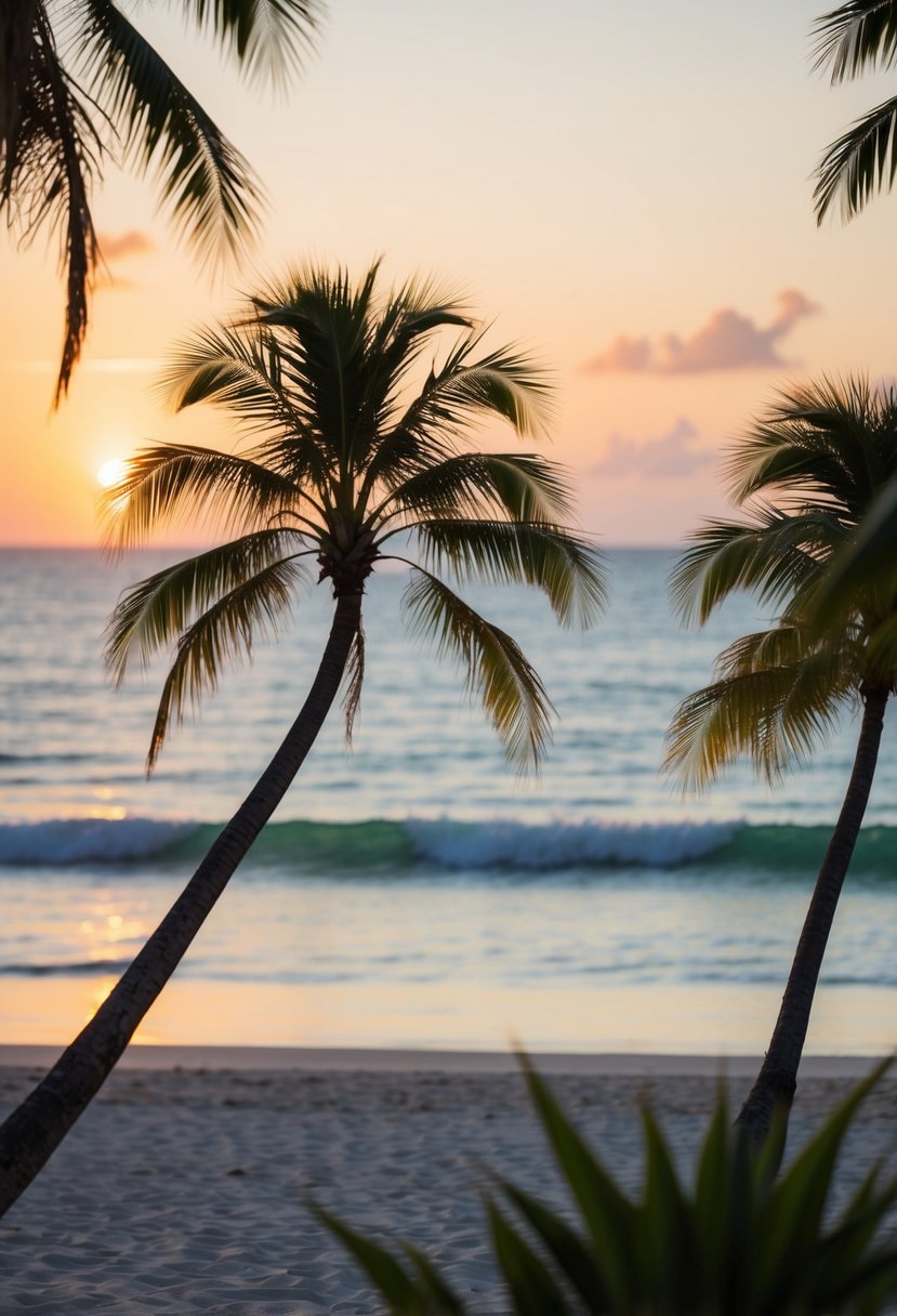 A serene beach at sunset, with palm trees swaying in the warm breeze and the ocean sparkling in the background