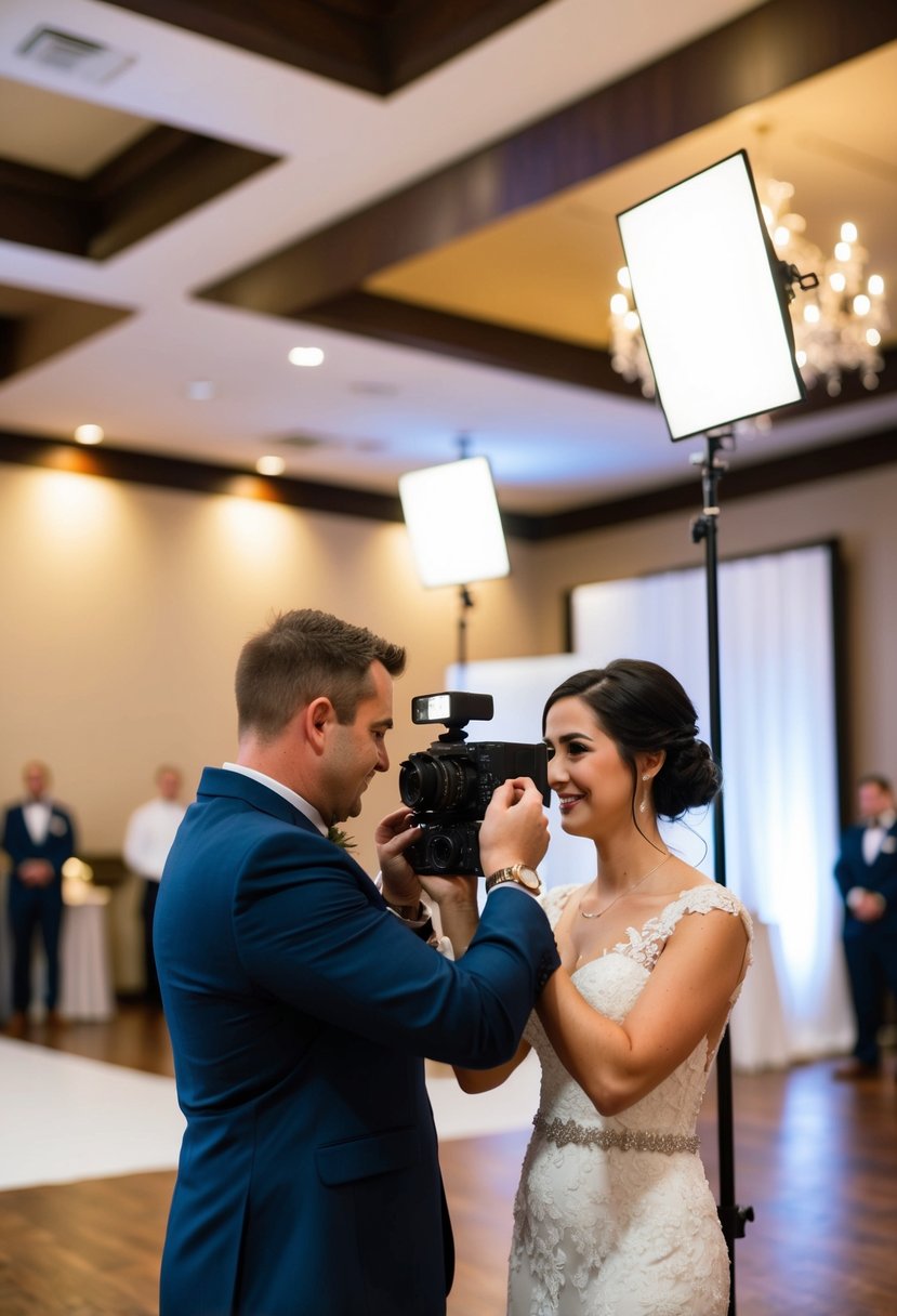 A wedding photographer adjusting off-camera flash settings in a dimly lit reception hall