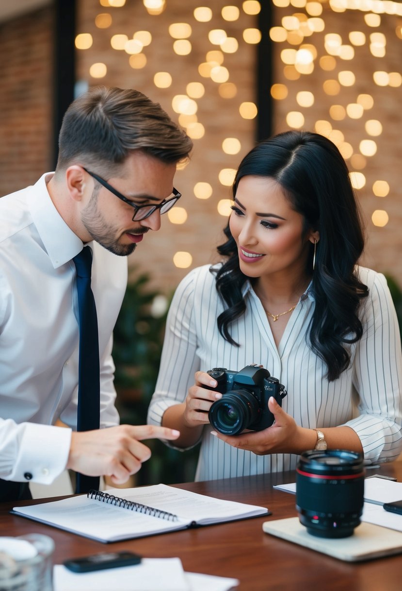 A wedding planner and a photographer discussing details and tips for wedding photography