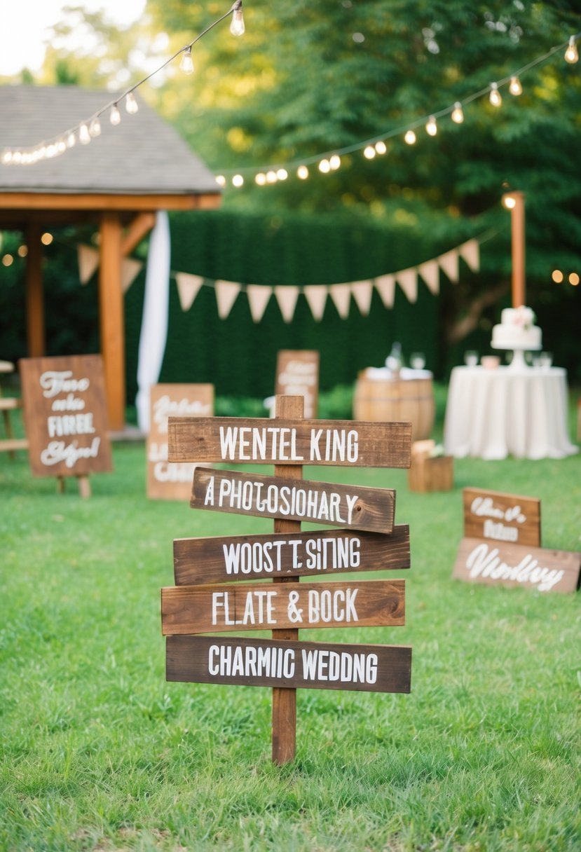 A rustic backyard setting with wooden signs scattered around, creating a budget-friendly and charming atmosphere for a wedding