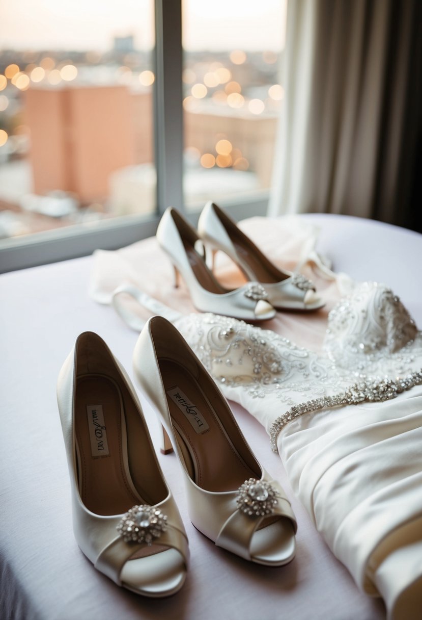 A bride's wedding shoes and gown laid out for fitting