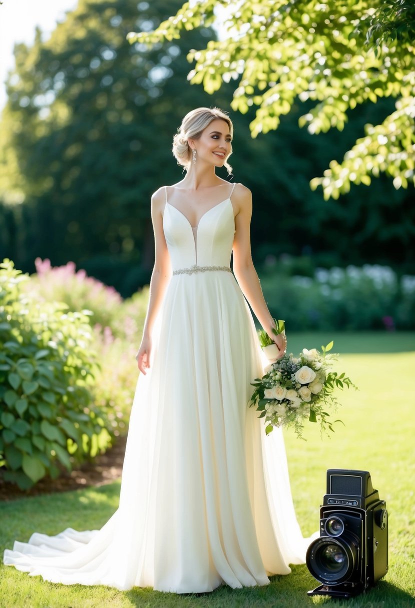 A bride in a flowing white gown stands in a sunlit garden, holding a bouquet, with a vintage camera and lens nearby