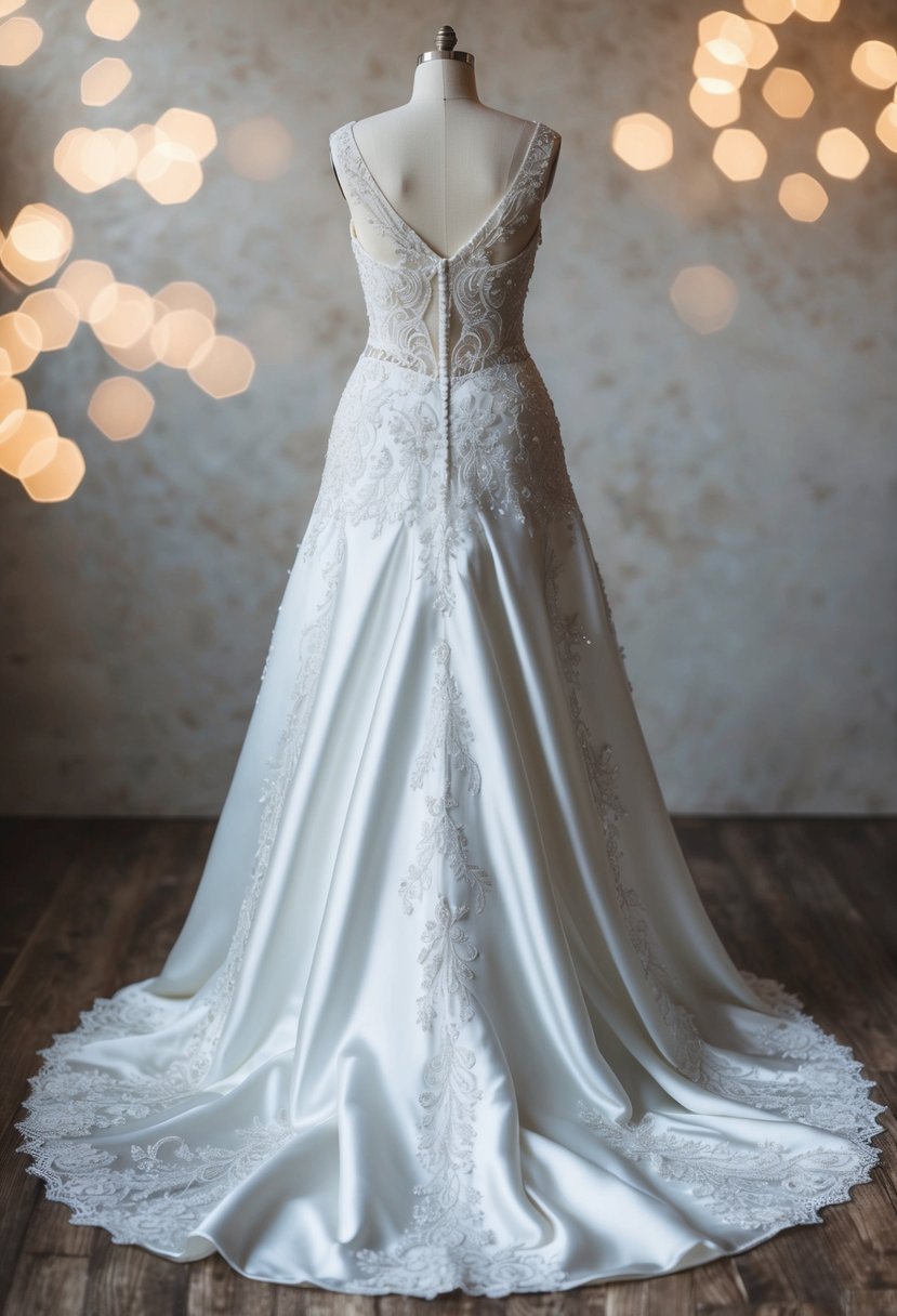 A wedding gown with intricate lace detailing cascading down a flowing satin skirt, accented with delicate beading and shimmering embroidery