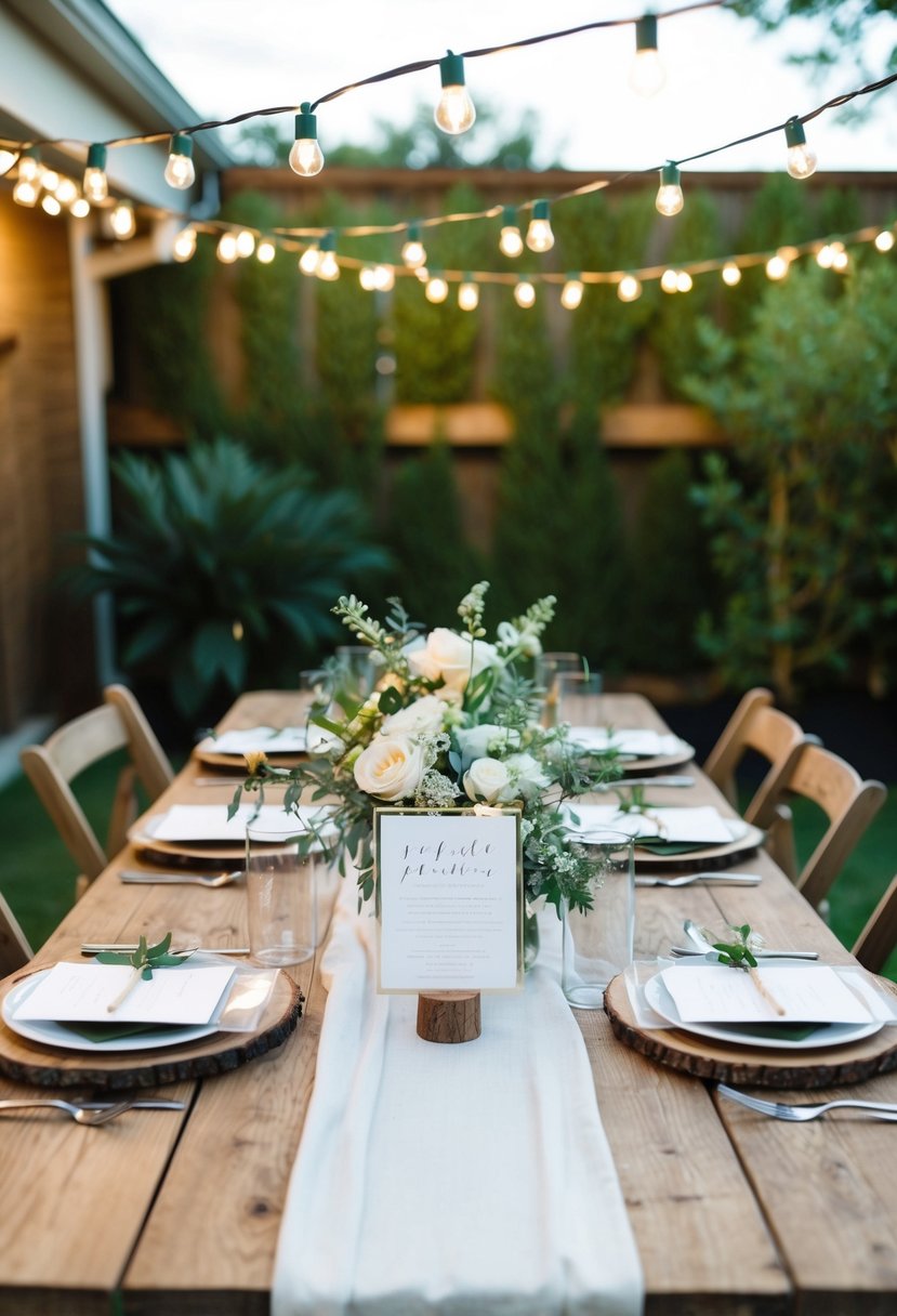 A cozy backyard setting with string lights, a rustic wooden table adorned with acrylic invitation cards, and simple floral centerpieces