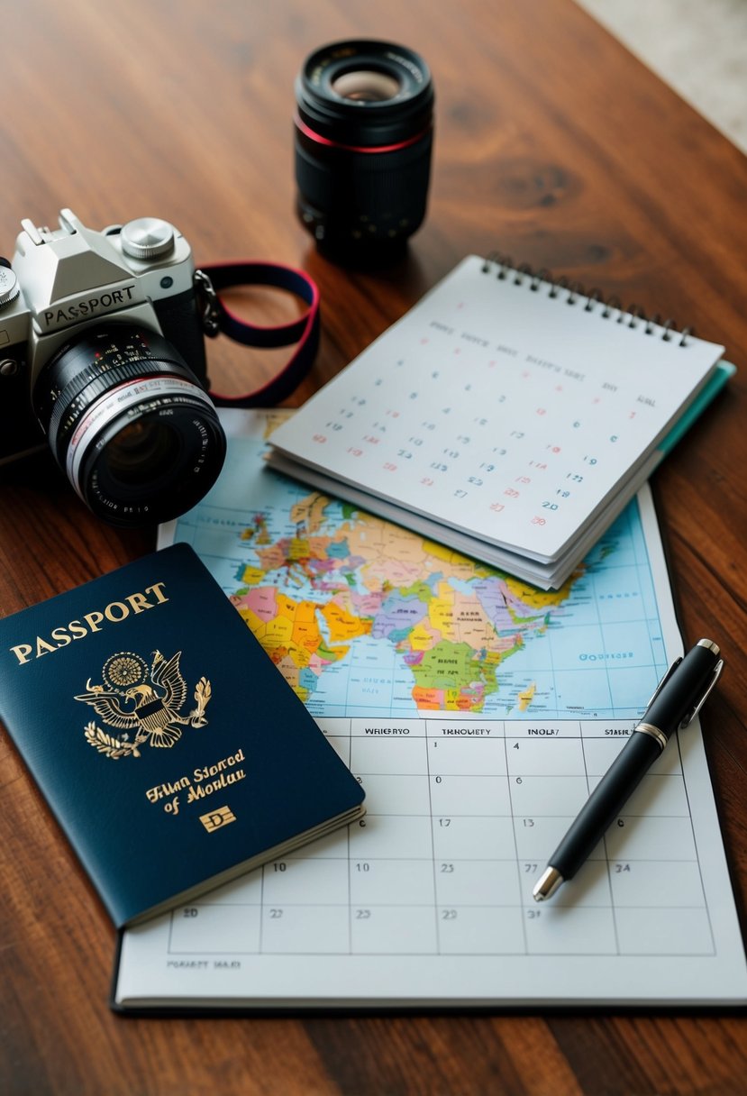 A camera, passport, map, and calendar arranged on a wooden table