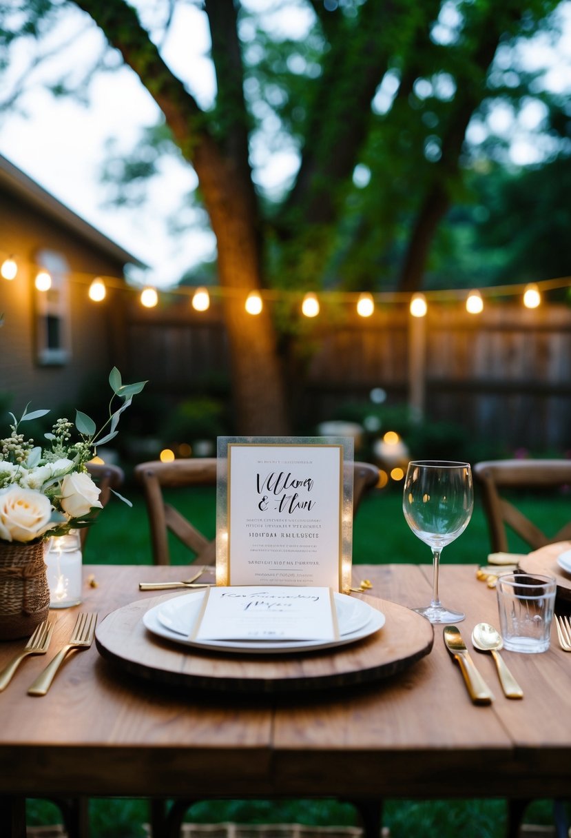 A cozy backyard set-up with vellum overlay invitations, string lights, and rustic decor for a budget-friendly wedding