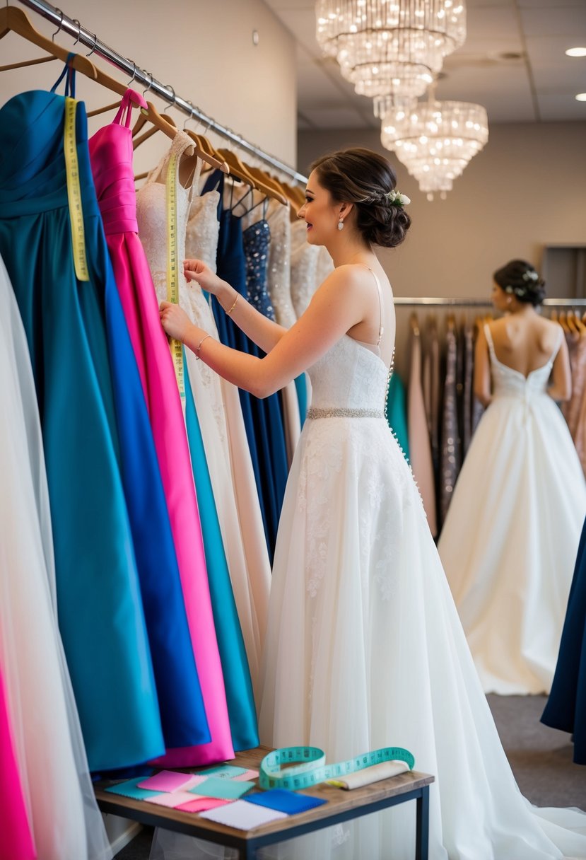 A bride browsing through racks of wedding gowns in a boutique, measuring tape and fabric swatches scattered on a table nearby