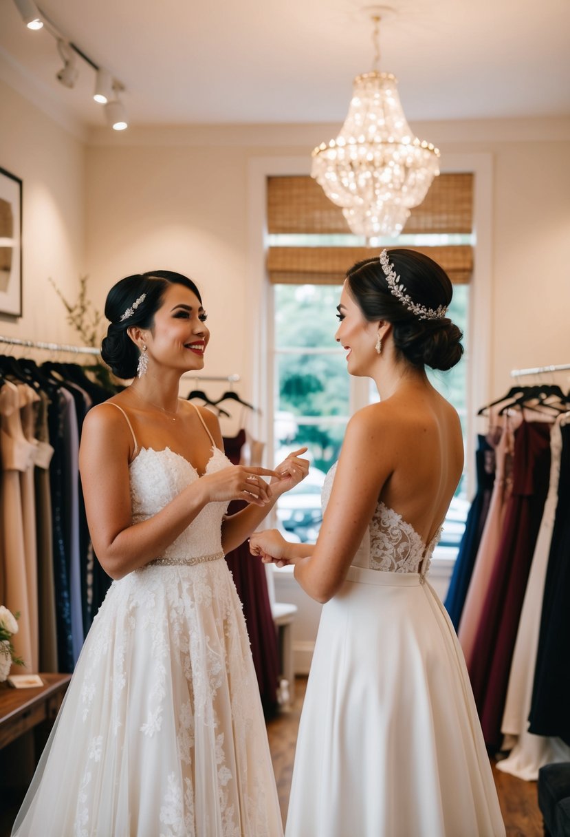 A bride and a bridal stylist discussing wedding gown options in a cozy, well-lit boutique