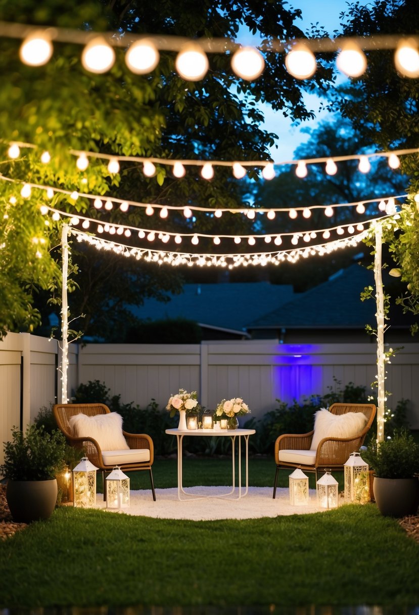 A backyard adorned with twinkling fairy lights, surrounded by budget-friendly whimsical decor for a wedding celebration