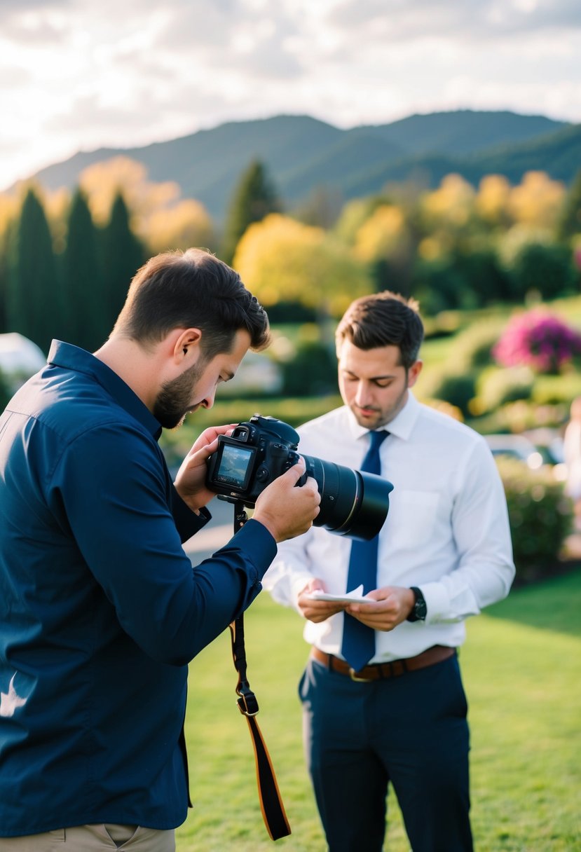 A photographer adjusting camera settings in a scenic outdoor wedding venue, with a second shooter observing and taking notes