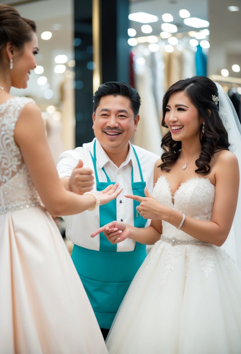 A bride and a shop owner smiling and gesturing while negotiating the price of a wedding gown