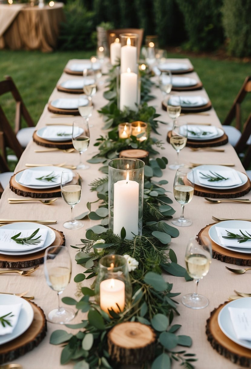 Rustic table settings arranged on a backyard wedding reception table, featuring budget-friendly decor and natural elements like wood, greenery, and simple tableware