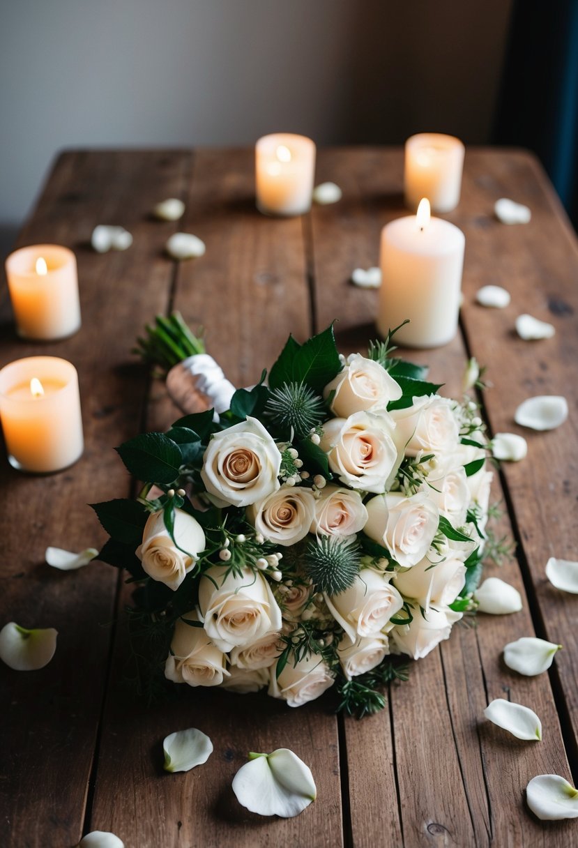 A bride's bouquet lays on a rustic wooden table, surrounded by scattered rose petals and soft candlelight