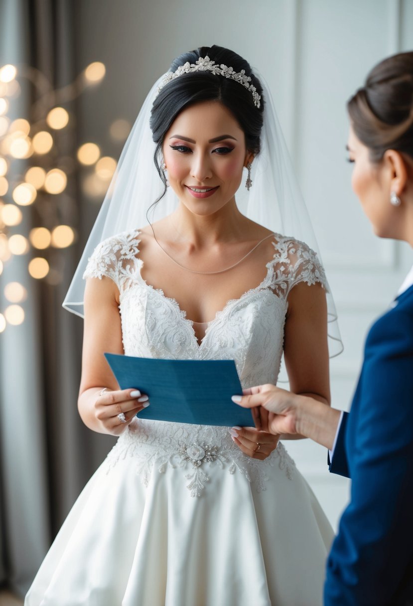 A bride receiving a bill with unexpected charges for alterations and rush fees on her wedding gown