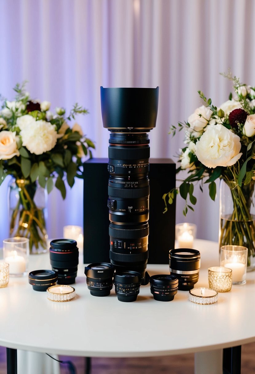 A camera with multiple lenses arranged on a table, surrounded by soft lighting and wedding decor