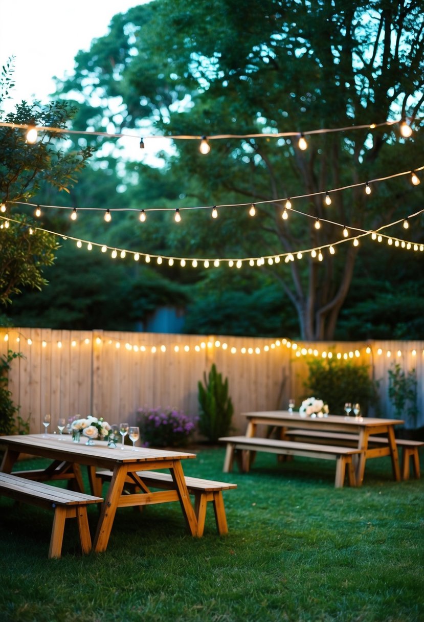 A cozy backyard with string lights, wooden benches, and a simple line fencing, perfect for a budget-friendly wedding