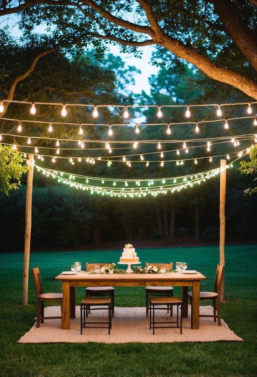 A backyard wedding with twinkling string lights, rustic wooden seating, and a DIY dessert table under a canopy of trees