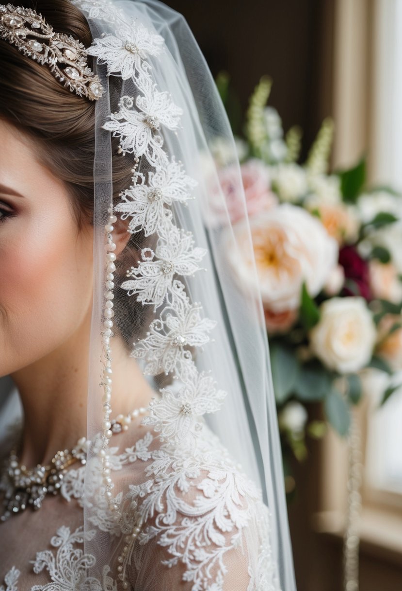 A close-up of a bride's delicate lace veil and intricate beaded hairpiece, with soft focus on the background of a vintage-inspired wedding bouquet and elegant jewelry