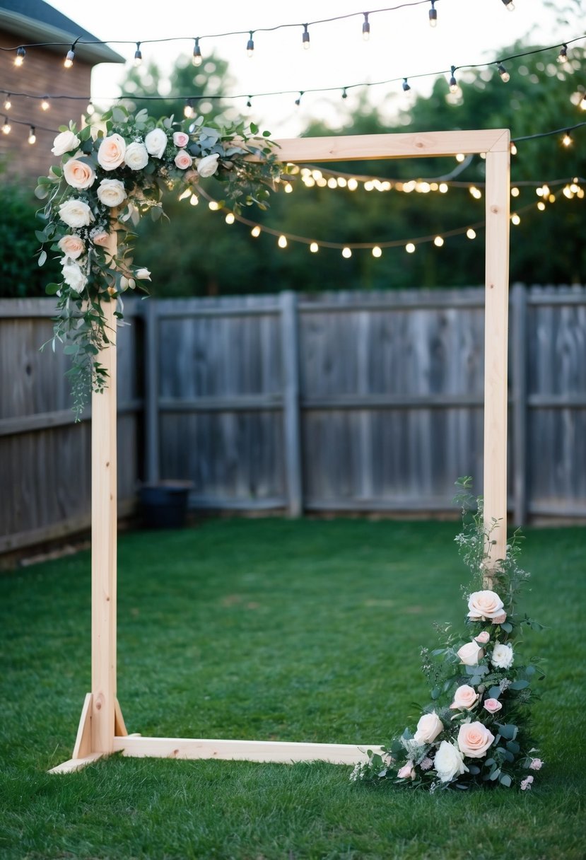 A wooden frame backdrop stands in a backyard, adorned with flowers and twinkling lights, creating a budget-friendly setting for a wedding