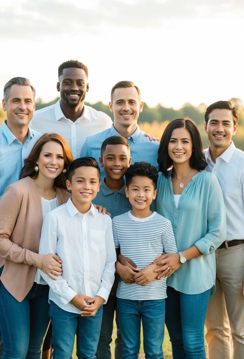 A diverse group of people stand together, smiling and posing for a family photo. The setting is a beautiful outdoor location with soft, natural lighting