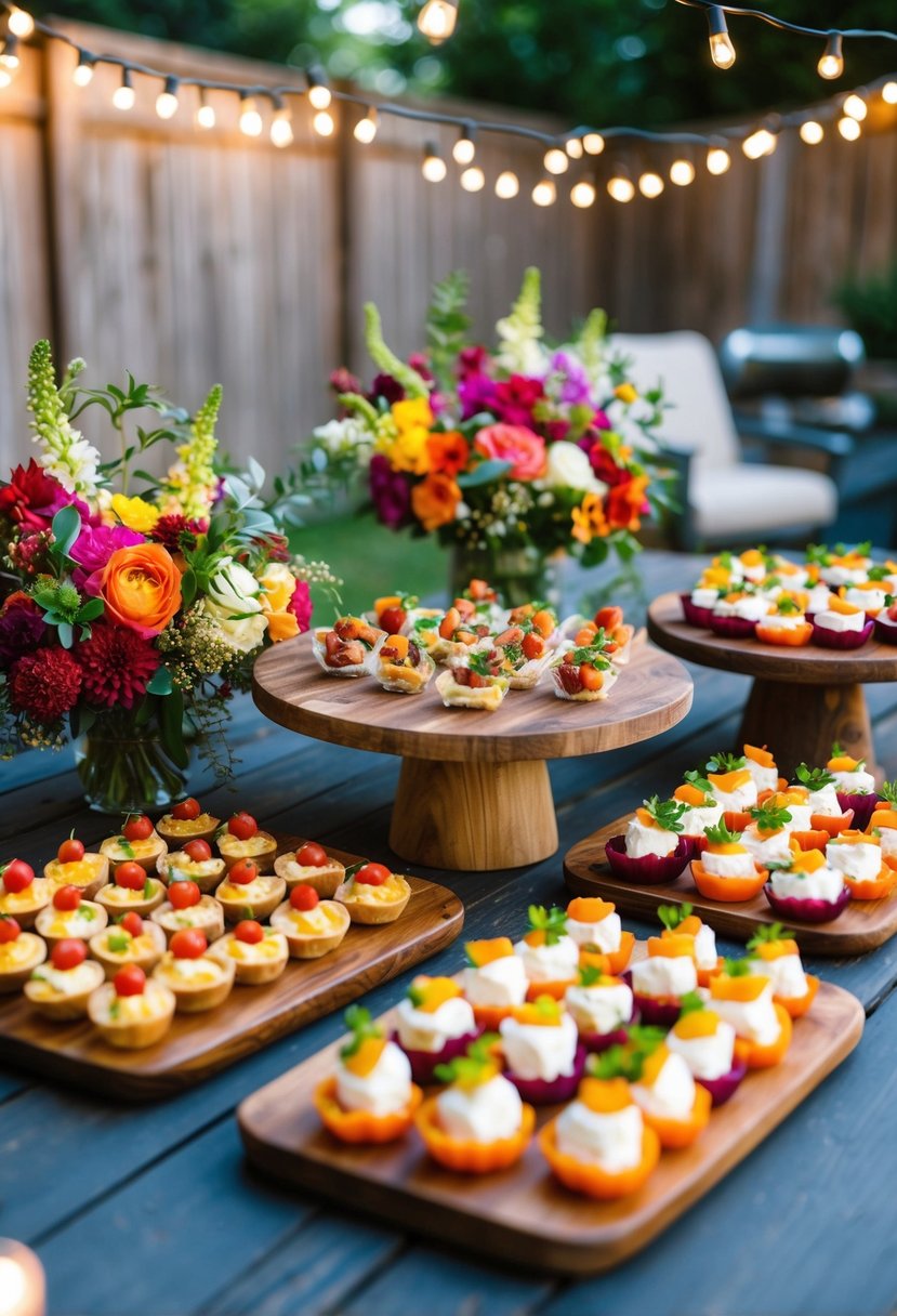 A colorful array of bite-sized appetizers on rustic wooden platters, surrounded by twinkling string lights and vibrant floral arrangements in a cozy backyard setting