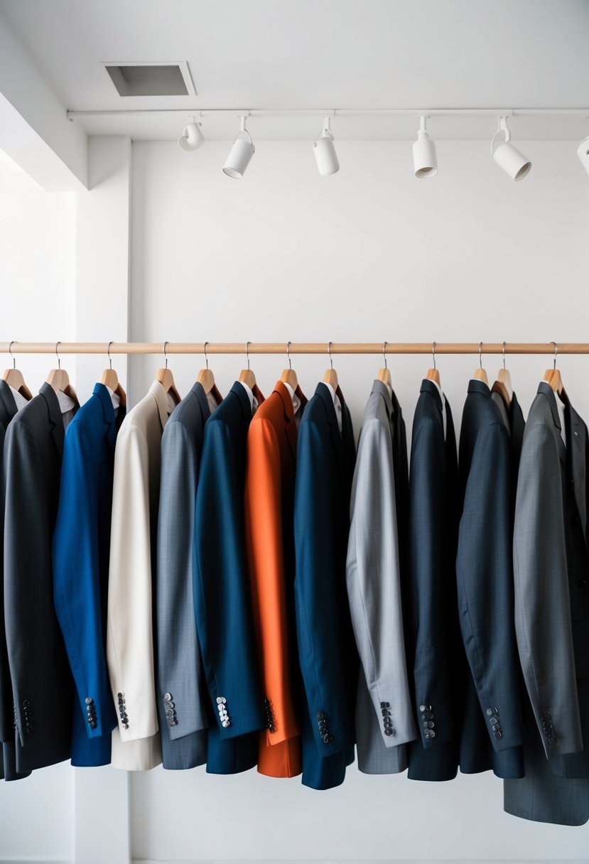 A neatly arranged collection of tailored suits in various colors and styles, displayed on wooden hangers against a clean, white background