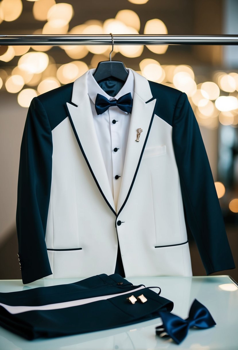 A tuxedo jacket and pants hanging on a hanger, with a bow tie and cufflinks laid out on a table